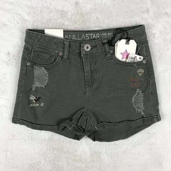 VANILLA STAR Embroidered BABE Green Jean Shorts NWT 0 - Picture 5 of 6